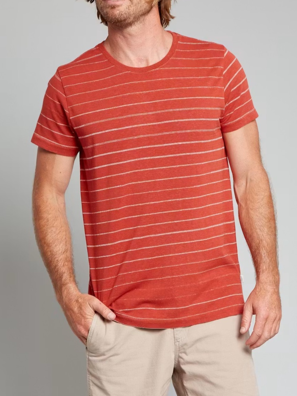 Huckberry Wellen Hemp Stripe Tee Red Short Sleeve Crewneck Minimalist-Medium